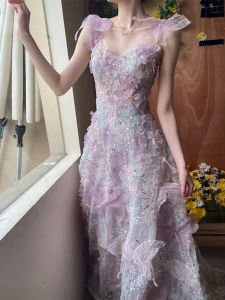 Rental Korean Style Embroidered Lace Dress for Piano Girl Fairy New Bride Engagement Toasting Suit Summer Long Evening Gown
