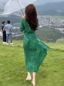 SHANGSHA | Summer Unique Non-Collision Holiday Style Green Printed Dress