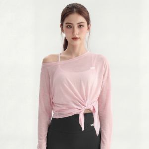 LongHero SG Cover Up Top for WoMan Off Shoulder Sheer Tie Hem Loose Long Sleeve Yoga Sport - Pink Off Shoulder Sheer Tie Hem Loose Fit Long Sleeve Yoga Sport