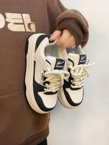 Womens Thick Bottom Board Shoes Fashionable All-Match Student Cross-Band Korean Style Casual Shoes PU Leather round Toe