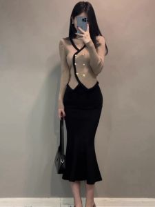 ชุดแฟชั่นผู้หญิง ชุดสองชิ้น เสื้อถัก กระโปรงทรงหางปลา ชุดสองชิ้น ชุดแฟชั่นฤดูใบไม้ร่วง ชุดทำงาน ชุดทำงาน ชุดทำงาน