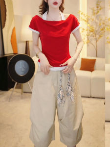 Shalldoer | Elegant Designer Shoulder Bared Neckline Casual Loose Fit Wide Leg Straight Tube Summer Top For Women Polyester Fiber Short Sleeve T-Shirt