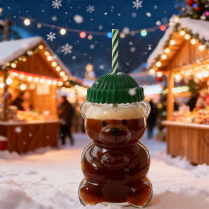 New For Starbucks Cute Animal Bear Straw Glass Transparent Glass For Men Women Birthday Christmas Gift Milk Tea Cup With Straw