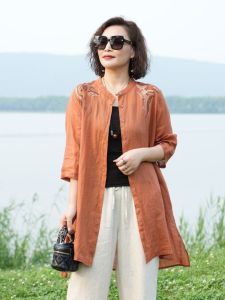 เสื้อคาร์ดิแกนคอตั้งหลวมๆ ยาวปานกลาง ปักลายผ้าฝ้ายลินิน น้ำหนักเบา ระบายอากาศได้ดี เสื้อเชิ้ตผู้หญิงฤดูร้อน 2024