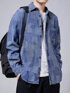 Autumn New Arrival Men Gingham Long Sleeves Shirt Loose Casual Cotton Youth Color Matching Shirt Jacket Trendy