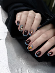 Handmade Short French Nail Patches Pure Amber Blue Color Wearable Nails Autumn Winter White Cat Eye Beauty Nail Stickers