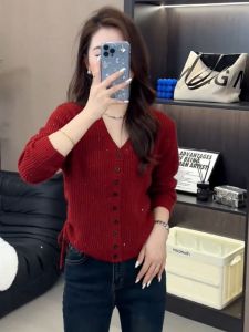 ฝรั่งเศส ถัก เสื้อสเวตเตอร์ ดีไซน์ Sensual ฤดูใบไม้ร่วง ฤดูหนาว ผู้หญิง แฟชั่นฐาน พรางหุ่น สลิมฟิต แขนยาวคอกลมแคชเมียร์ คาร์ดิเกน