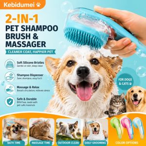 KEBIDUMEI 2 in 1 Pet Bath Brush with Shampoo Dispenser Soft Silicone Dog Cat Grooming Massage Tool Soft Bristles Gentle Massage Shower Brush Pet Supplies