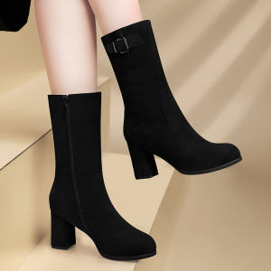 รองเท้าบูทผู้หญิงหนังนิ่มสีล้วนทรงหัวมนส้นสูงด้านข้างรัดรูปสำหรับฤดูใบไม้ร่วงและฤดูหนาว รองเท้าบูทผู้หญิงส้นสูงหัวมนทรงหัวมนทรงหัวมน