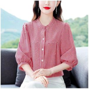 QIAOXIZI | Womens New Summer Loose T-shirt for Middle-aged Mothers with Plaid Short Sleeve