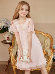 Princess Style Ice Silk Short Sleeve Summer Sleep Dress for Girls Lightweight Breathable Childrens Home Clothes ROSE TREE