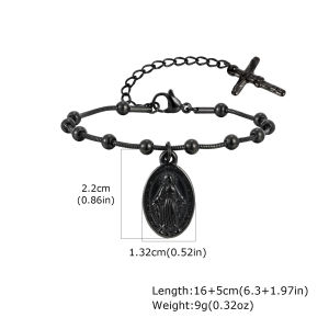 Vnox Virgin Mary Bar Jesus Cross Bracelet Stainless steel Adjustable Beaded Chain Catholic Jewelry Gift for Women