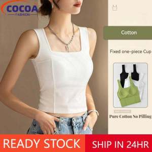 COCOAFashion tetap piala kapas sukan Singlet wanita tanpa lengan Camisole Inner Tank Top dengan Padded