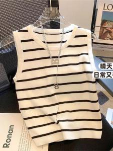 Áo Ba Lỗ Dệt Kim Không Tay Cho Nữ Mùa Hè 2025 Áo Ba Lỗ Ôm Vừa Vặn Bằng Lụa Băng Áo Ba Lỗ Dệt Kim Có Họa Tiết Sọc Áo Khoác Ngoài