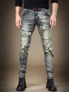 Retro American Heavy Duty Mens Jeans Workwear Denim Pants Tear Hole Washed Slim Fit Long Small Footed Trendy Casual Jeans