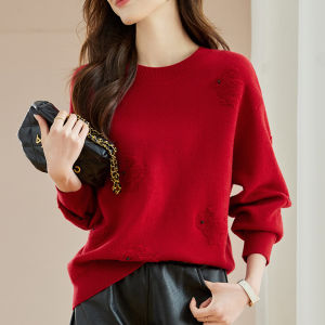 Lamb Wool Knitted Sweater Autumn Winter Loose plus Size New Year Red Slimming Lucky Year Base Shirt Korean Style round Neck Long Sleeve