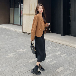 Retro Button Short Jacket Womens Spring Autumn Loose Slimming Top Chinese Style No Collar Long Sleeve Commute Fashion