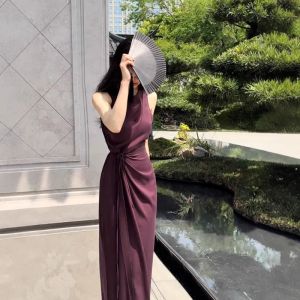 ชุดเดรสยาวคอตั้งแขนกุดสไตล์ฝรั่งเศส ชุดกระโปรงผู้หญิงฤดูร้อน ชุดกระโปรงยาวเอวสูงหรูหรา ชุดกระโปรงสองชิ้น