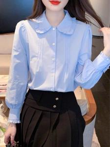 เสื้อเชิ้ตคอตุ๊กตาสีน้ำเงินแขนยาวสไตล์ฝรั่งเศสย้อนยุคสำหรับผู้หญิง เสื้อเชิ้ตแขนยาวสำหรับใส่ด้านใน เสื้อเชิ้ตผู้หญิง ฤดูใบไม้ร่วง 2025