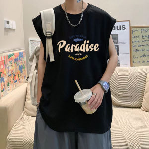 เสื้อยืดแขนกุดผ้าฝ้ายแท้ ทรงหลวม สไตล์อเมริกัน สำหรับผู้ชาย เสื้อกั๊กผ้าฝ้ายลายการ์ตูนฤดูร้อน แฟชั่นลำลอง