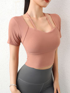 Jiumai Yipin Womens Yoga Suit with Chest Pad Short Sleeve Breathable Quick Drying Moisture Absorbent Fitness Top for Summer