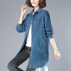 เสื้อเชิ้ตคอโปโลแขนยาวผ้าคอร์ดูรอยทรงหลวมสไตล์ลำลองสำหรับคุณแม่วัยกลางคนและผู้สูงอายุ ฤดูใบไม้ผลิและฤดูใบไม้ร่วง