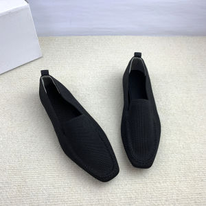 Casual Flat Bottom Slip-On Shoes Large Size Fly Knit Square Head Lightweight Breathable Womens Fashion Single Shoes