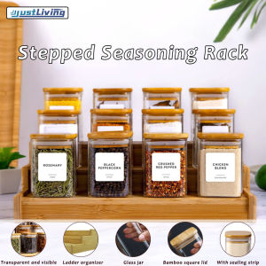 JustLiving 3 Tier Bamboo Spice Rack & 12 Piece Glass Jar Set