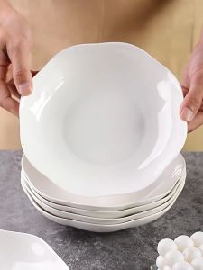 kokepope 8 inch White Ceramic Deep Plate Lotus Shape Shallow Bowl Dish for Soup Salad Pasta
