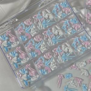 72Pcs 3D Pearlescent Ribbon Nail Charms Mixed White Pink Blue Satin Bowknot Nail Art Decorations Multiple Craving Bow Rhinestone