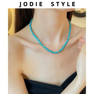 Titanium Steel Turquoise Beaded Necklace Womens Fashion New Chinese Style Fresh out Lockbone Chain Jewelry Accessory