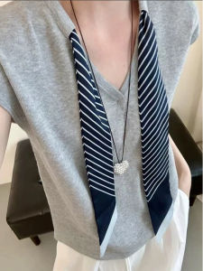 YUEZHONGWEI | Gray V-neck Silk Scarf Knot Shoulder Ice Silk Linen Knitted Short Sleeve T-shirt Women Summer Slimming Short Style Top