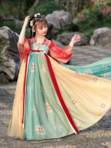Red Traditional Chinese Hanfu Childrens Performance Costume Girls Chest-Length Cheongsam Ancient Guzheng National Dance Outfit