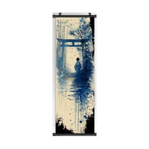 VIKAMA Blue Ukiyo-e Bamboo Shrine Wall Tapestry Bushi Red Parasol Water Reflection Scroll Art Home Decor Premium Quality Soft