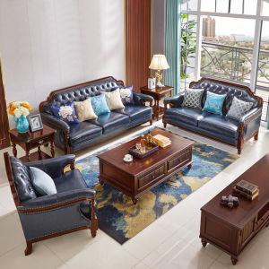 American Style Leather Sofa Real Wood Frame Living Room U-Shape Combination High Rebound Sponge Oak Material for All Users