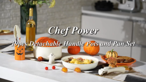 Chef Power ชุดเครื่องครัวเซรามิกไม่ติด 5 ชิ้น พร้อมด้ามจับถอดได้ ใช้ได้กับเตาแม่เหล็กไฟฟ้า เครื่องล้างจาน และเตาอบ สีขาวครีม