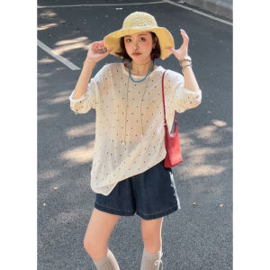 YUEZHONGWEI | White Polka Dot Lightweight Long Sleeve Womens T-shirt Summer Thin Outer Loose Covering Shirt Air Conditioning Top Sunscreen