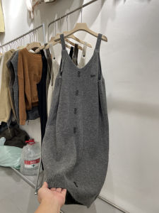 Gray Knitted Dress Womens Spring Autumn Loose Mid-Length Sweater Strap Dress Outerwear Casual Style Button Loose Waist