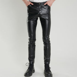 Thoshine Brand Men Leather Pants Skinny Fit Elastic Fashion PU Leather Trousers Nightclub Party & Dance Pants