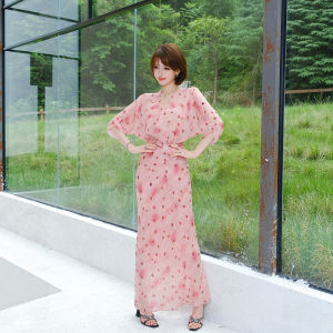 Floral Printed Pink Dot Copper Ammonia Silk Dress with Waist-cinching V-neck and Bat-wing Sleeves