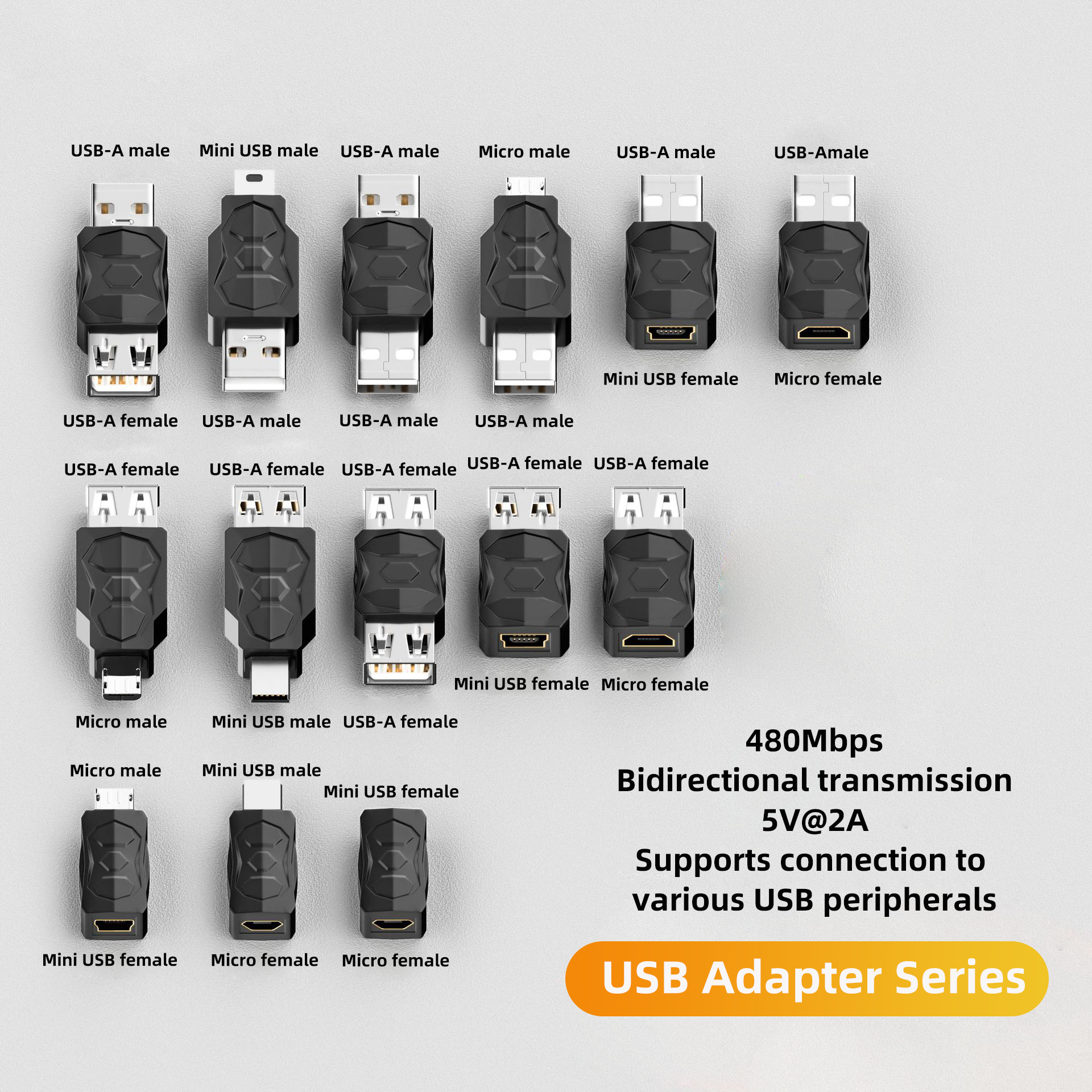 Computer Clicker Different Sizes USB to Micro USB Mini USB Adapter Converter USB Male and Female ...