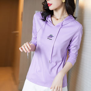 Inmonfel Pure Cotton Embroidered Hoodie Light Weight Long Sleeve Purple Sweatshirt Women Spring Autumn New Style Streetwear