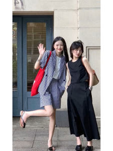 Summer Plaid Suit Shorts Set Korean Style Casual Fashion Streetwear Polyester Fiber Straight Body Type Short Sleeve Regular Length