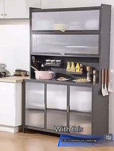 BMZAR Kitchen Pegboard Storage Cabinet Drawer doors Carbon Steel Multifunctional Dustproof Cupboard With sintered stone countertop