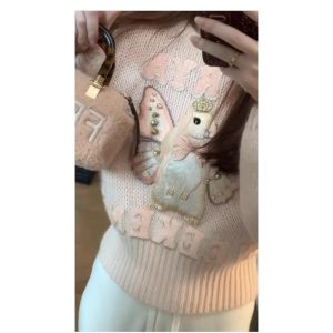 Spring Autumn 2025 New Pink Knitwear Womens Design Heavy Embroidery Short Style round Neck Top Quality Fashionable Commute
