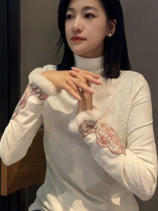 Winter 2025 Womens Faux Fur Half High Collar Cotton Embroidered Fleece Lined T-Shirt Casual Style Standard Fit Long Sleeve Top