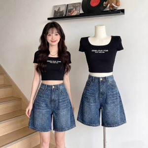 AIYITI | American Retro Glitter Wide Leg Denim Shorts
