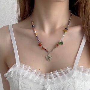 【Bestella✨COD】Tidak Teratur Warna-warni Bunga Liontin Batu Alam Manik-manik Kalung Tulang Selangka