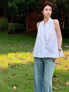 BINKAFENNY | White V-Neck Hanging Neck Vest Women Summer New Loose Slimming Belly Covering Elegant Beautiful Sleeveless Top Korean Style