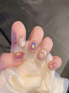 Colorful Hand-Painted 3D Cat Eye Gold Mirror Powder Line Rhinestone Short Dopaamine Pure Desire Personality Wearable Nails